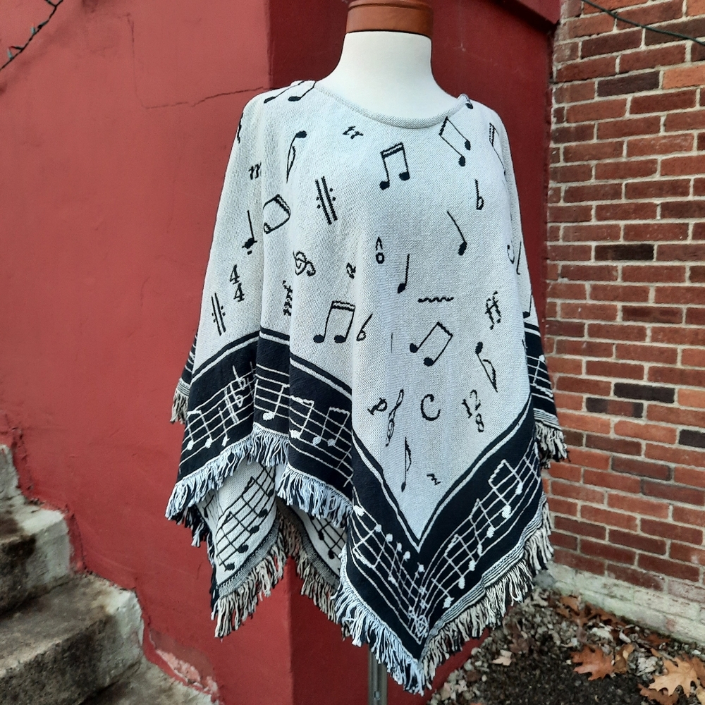 Vintage 90's Tapestry Blanket Throw Coat Poncho Cape Music Notes Fringe Novelty - Picture 1 of 13
